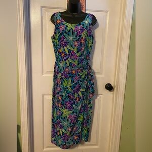 Vintage faux wrap dress 100% silk bright floral. Size 10. Spenser Jeremy brand.